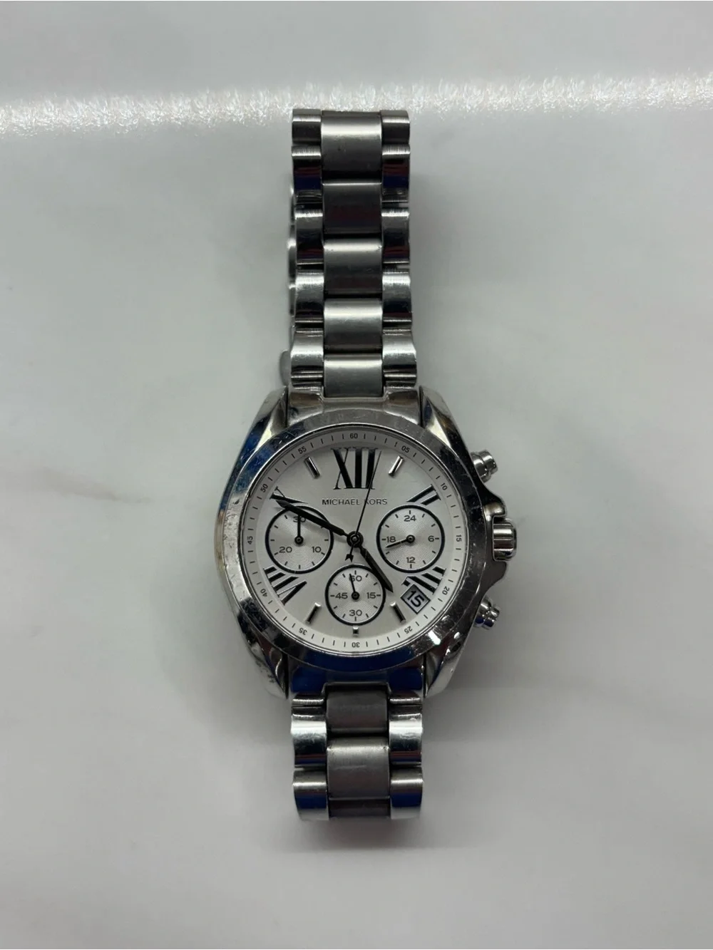 Michael Kors MK6174 Silver Stainless Chronograph Watch White Dial Needs Battery